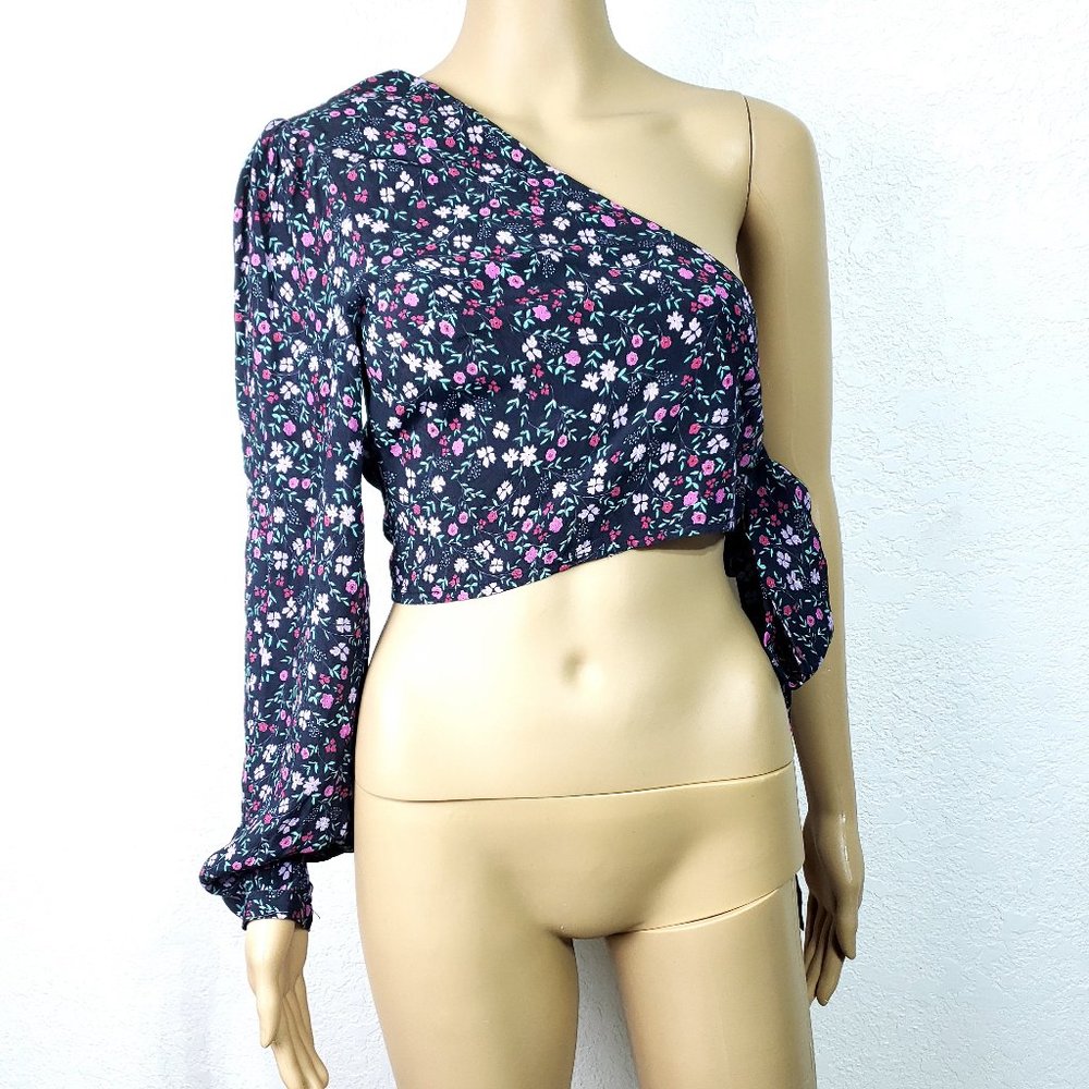 Lovers + Friends Navy One-Shoulder Floral Crop Top